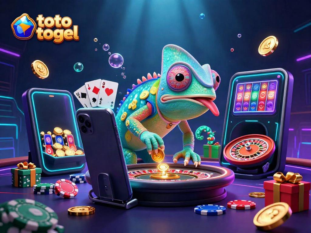 Engage in thrilling toto togel moments with our vibrant casino scene featuring a chameleon owner and slot games.