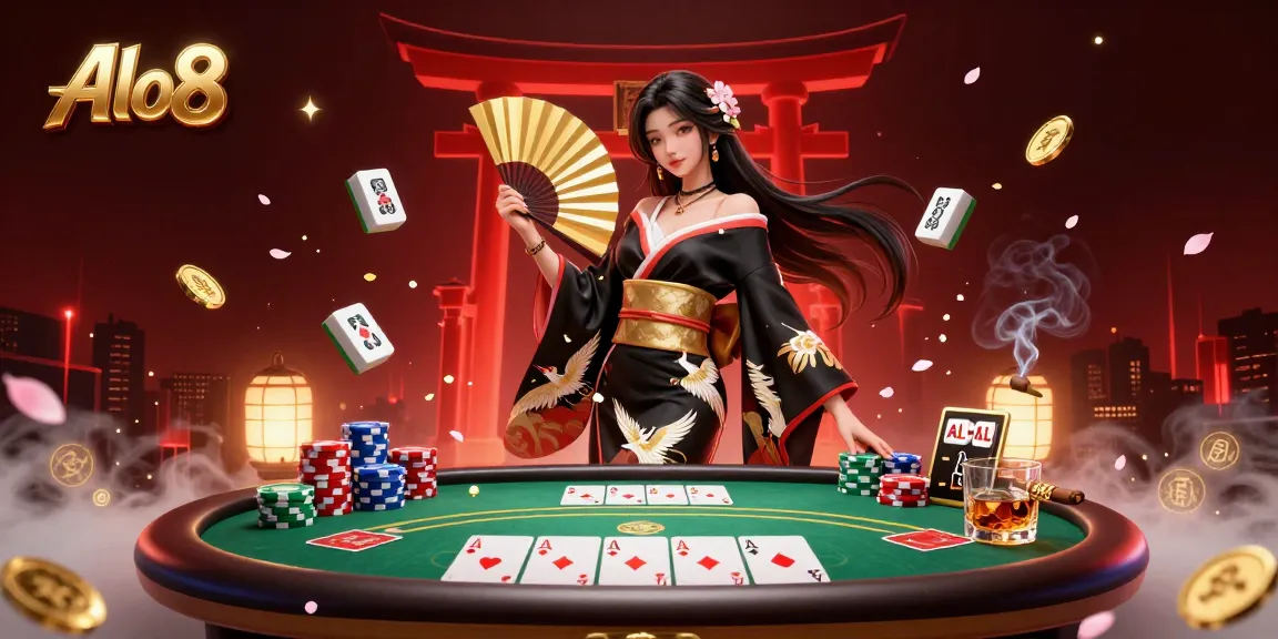 Alo8 showcases an elegant Asian woman in a kimono surrounded by poker elements, creating an engaging casino atmosphere.