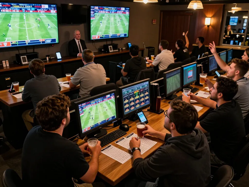 Patrons engaging in sports betting excitement at ATQ lounge, displaying vibrant screens