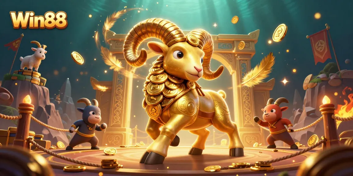Win88's golden ram charges triumphantly, surrounded by vibrant casino elements and dynamic action.