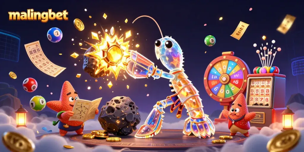 Ilustrasi judi dengan malingbet, udang mantis galaksi dan bola lotere berwarna cerah.