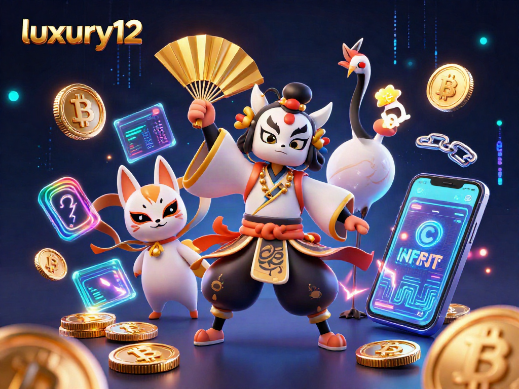 Gambarkan aksi menarik dengan luxury12 saat bermain slot dengan simbol beruntung dalam cahaya neon.