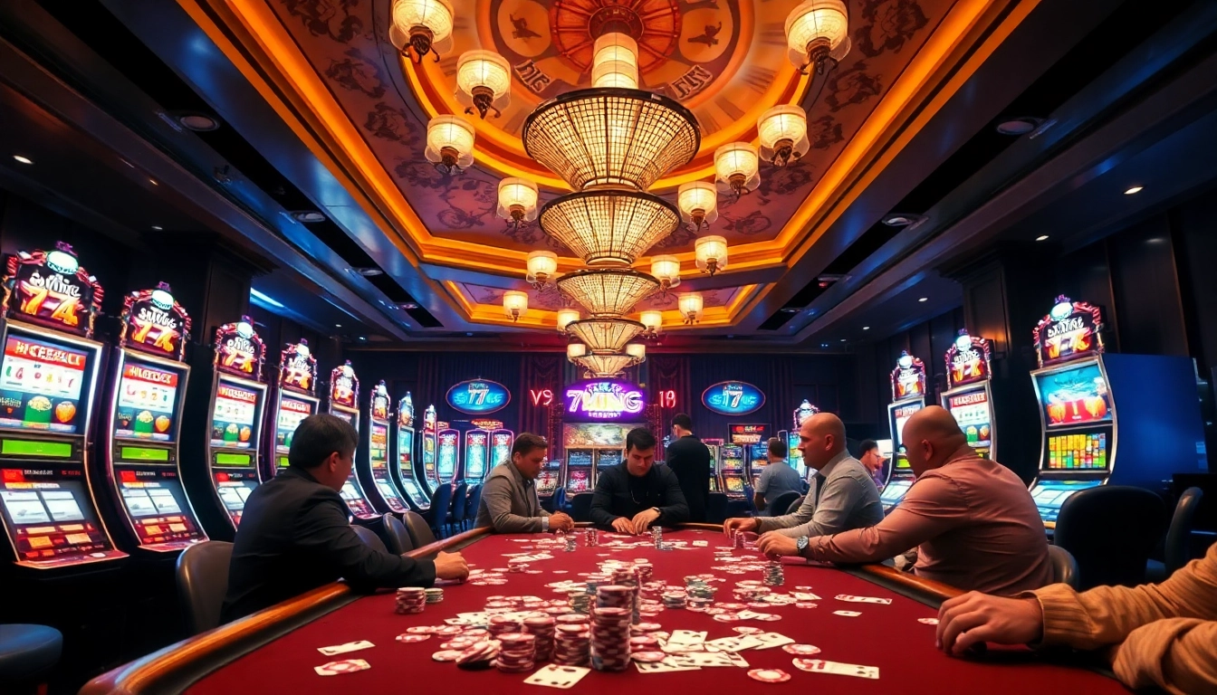 Engaging poker game at 79king casino with vibrant slot machines and colorful chips.