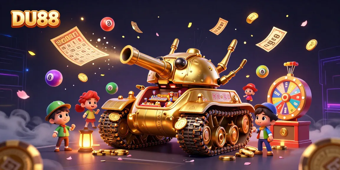Engage with DU88's vibrant casino world inside a golden beetle tank amidst lively gaming elements.