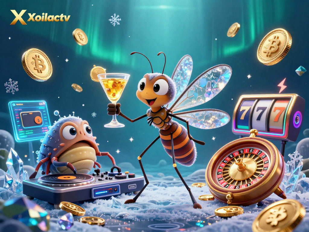 Xoilactv showcases a vibrant casino scene with a lively mosquito mascot, trilobite DJ, and golden roulette wheel spinning various cryptocurrencies.