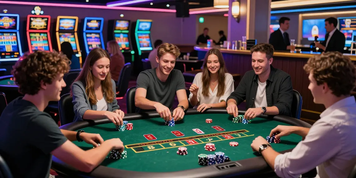 Exciting online kasino scene with friends playing blackjack at a modern gaming table.