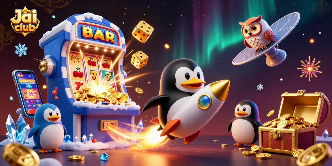 Win big at Jai club with a golden penguin and a jackpot explosion in this vibrant 3D casino scene.