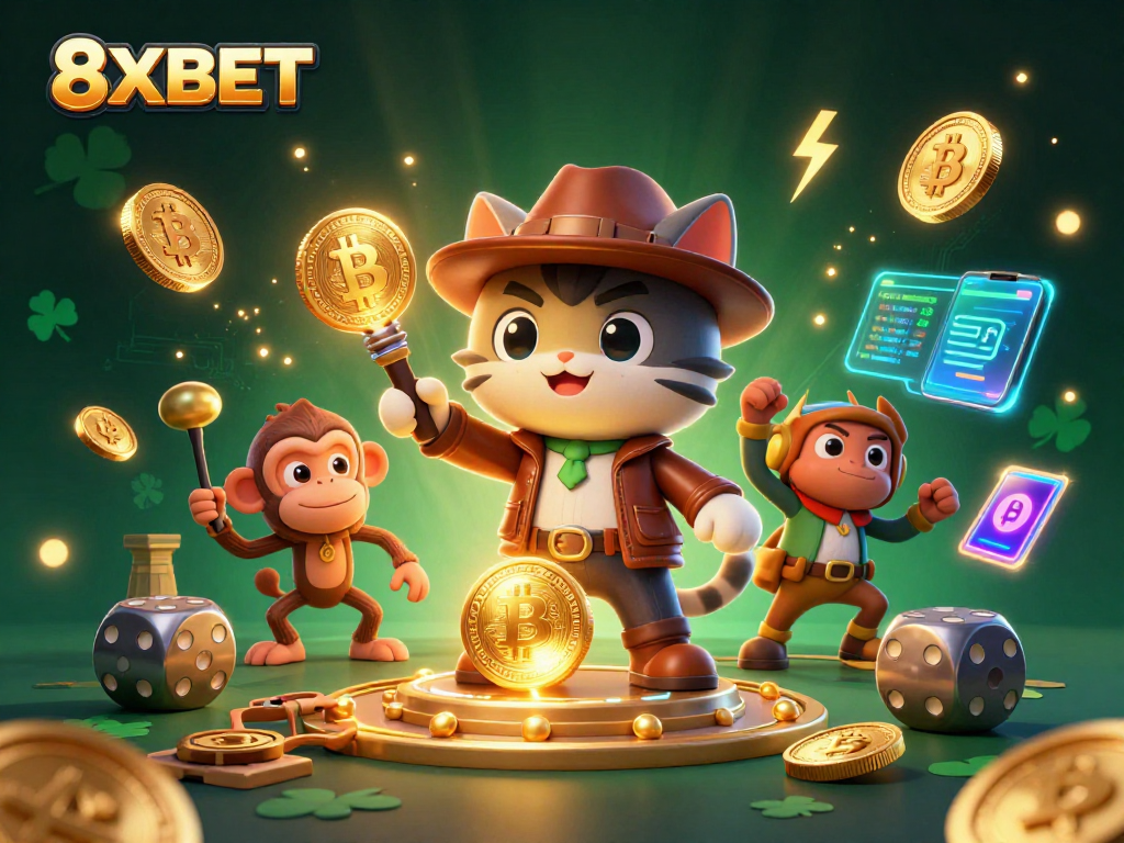 Engage in thrilling gaming action with 8XBET as a cat explorer finds treasures amid golden artifacts.