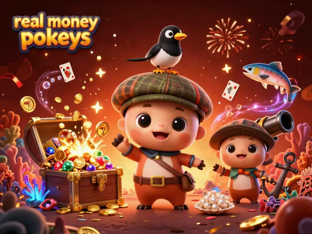 Play real money pokies with a vibrant scene featuring cartoon characters and slot reels.