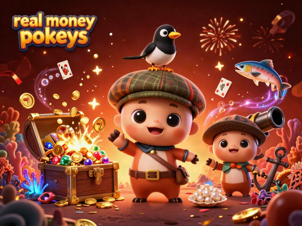 Play real money pokies with a vibrant scene featuring cartoon characters and slot reels.