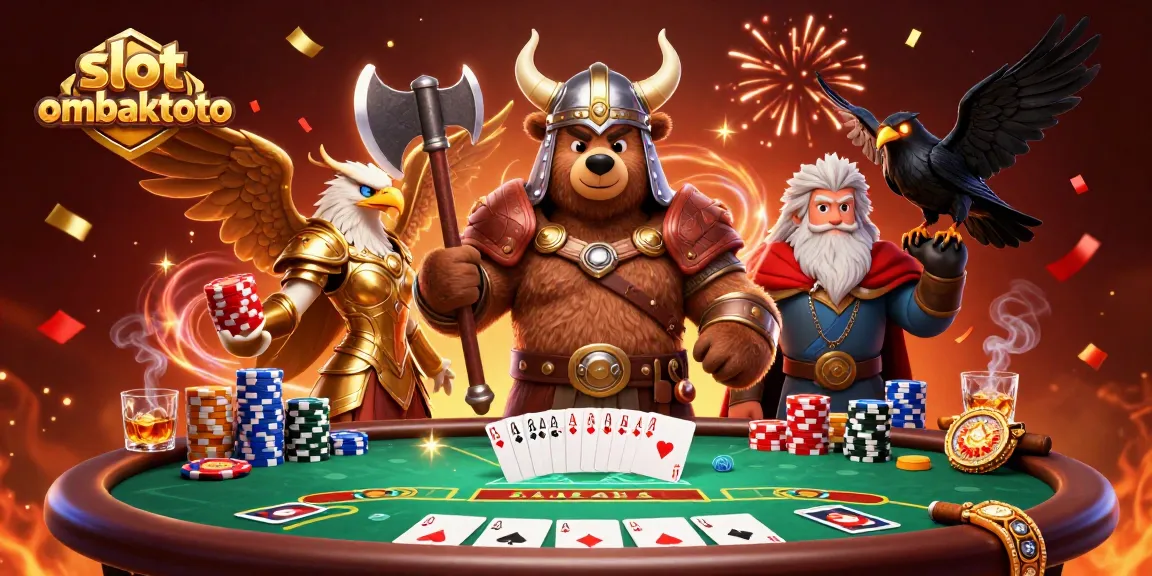 Experience the thrill of slot ombaktoto with a cartoon Viking and poker elements in a vibrant 3D scene.