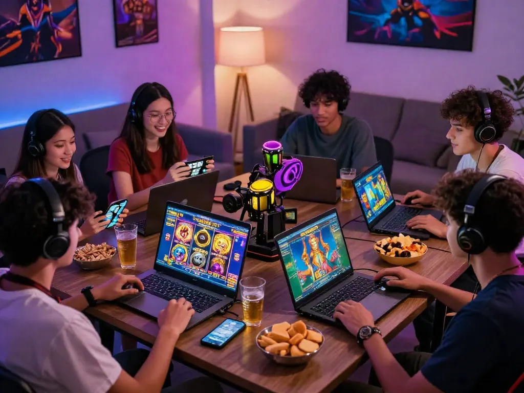 Friends enjoying a lively game night with slot maxwin, bright screens showcasing fun themes.