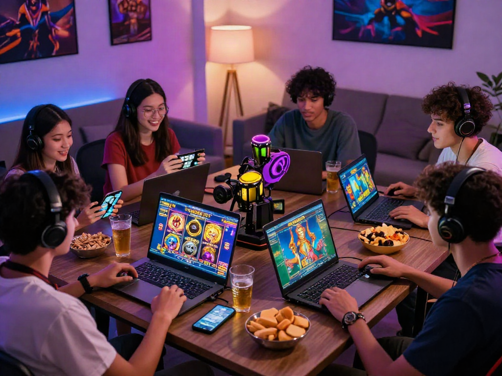 Friends enjoying a lively game night with slot maxwin, bright screens showcasing fun themes.