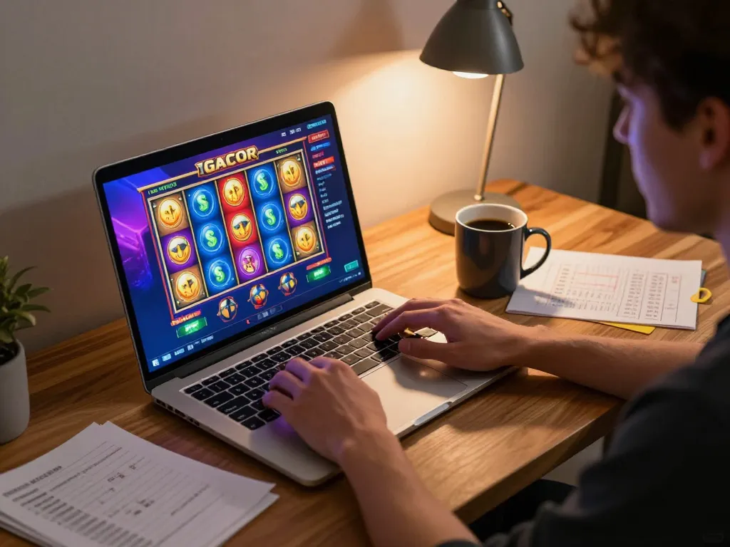 Engaging slot gacor game on a laptop, showcasing responsible online gambling strategies and cozy gaming setup.
