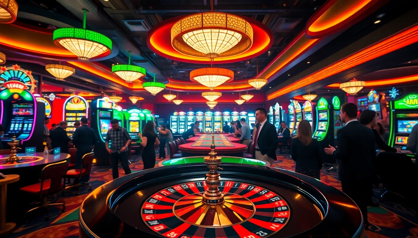 Menyoroti situs toto di kasino dengan meja roulette yang ramai, pemain antusias, dan lampu neon cerah.