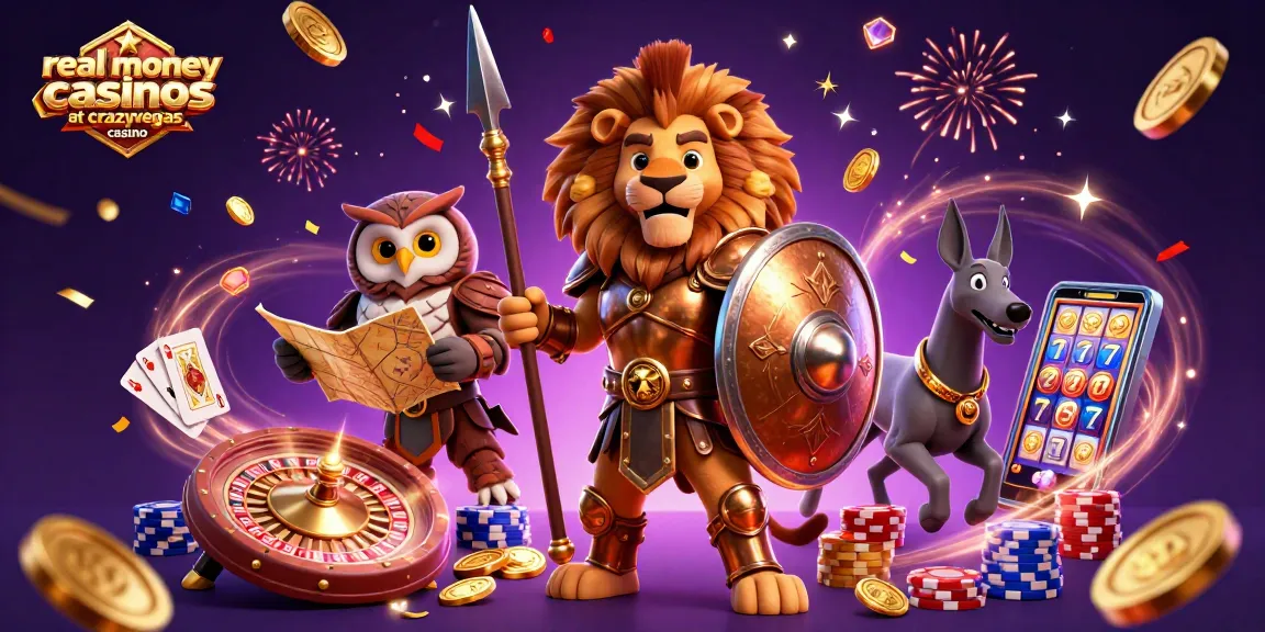 Engaging scene showcasing real money casinos at crazyvegas casino with cartoon heroes and vibrant casino elements.