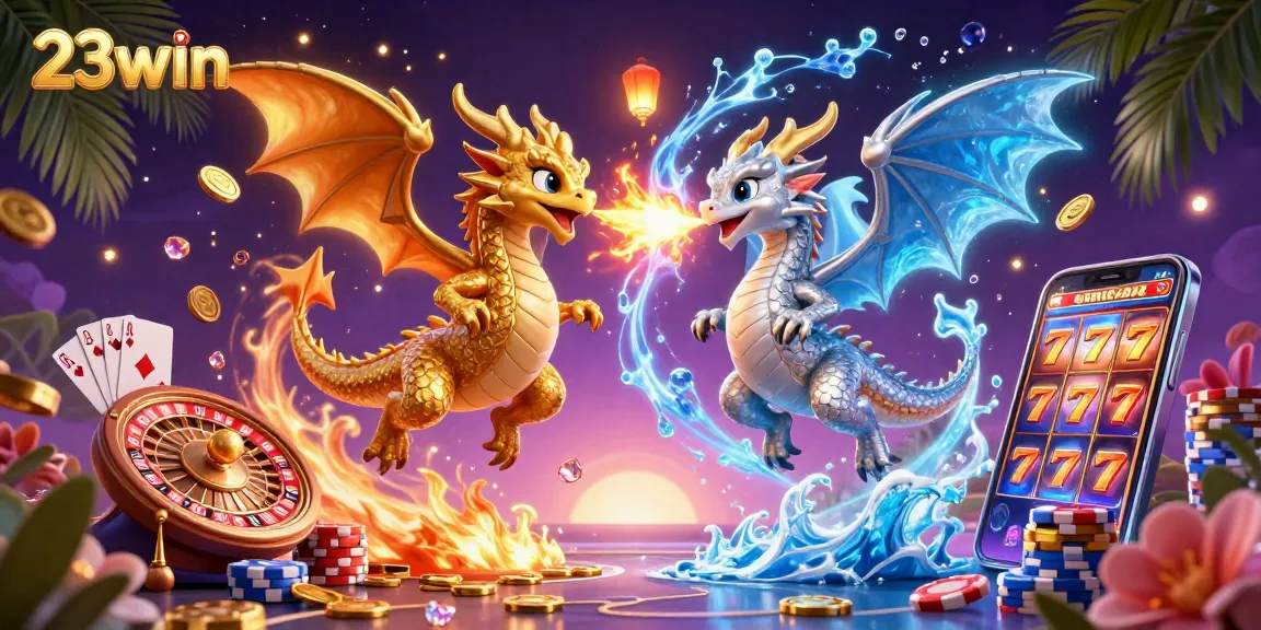Experience the thrill of gaming with 23win as dragons battle and treasures scatter in this 3D casino visual.