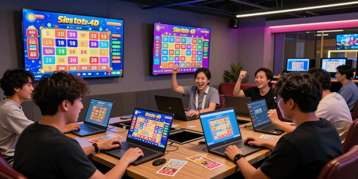 Situs toto 4D players celebrating wins in a lively gaming lounge atmosphere.