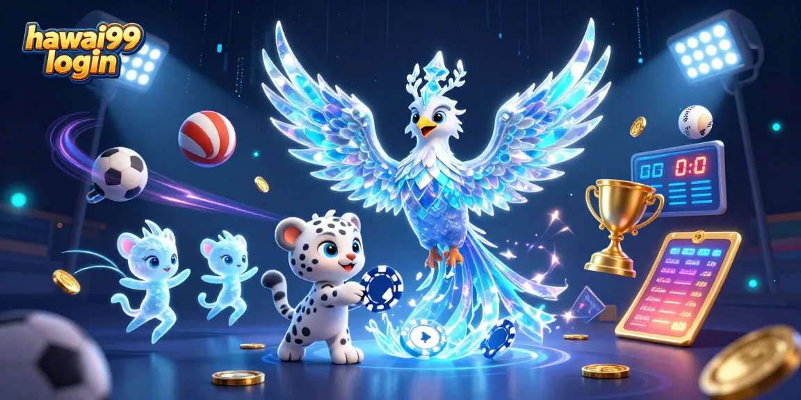 Experience hawai99 login with vibrant casino-themed 3D illustration featuring dynamic sports elements.
