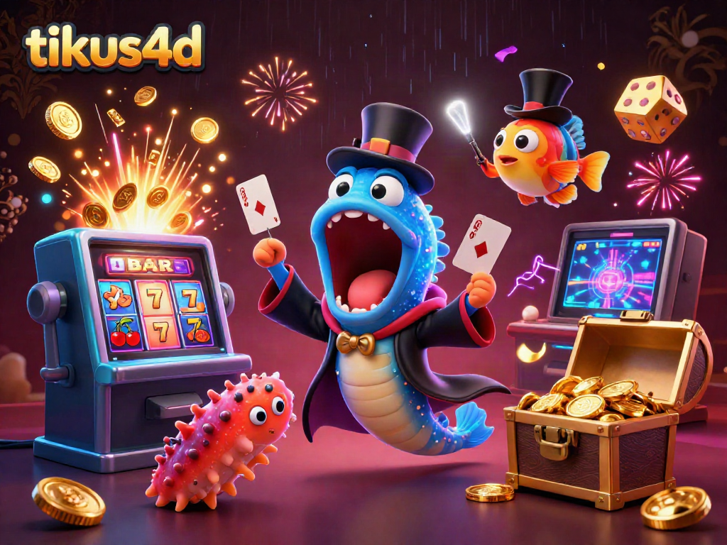 Experience the magic of tikus4d with a bioluminescent eel and anglerfish in a lively casino scene.