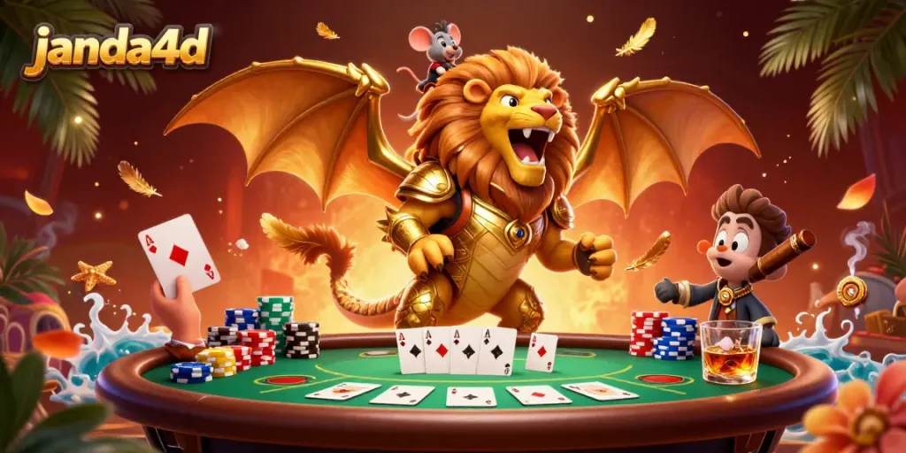 Menangkan permainan poker dengan janda4d dalam ilustrasi 3D yang penuh warna dan detail.