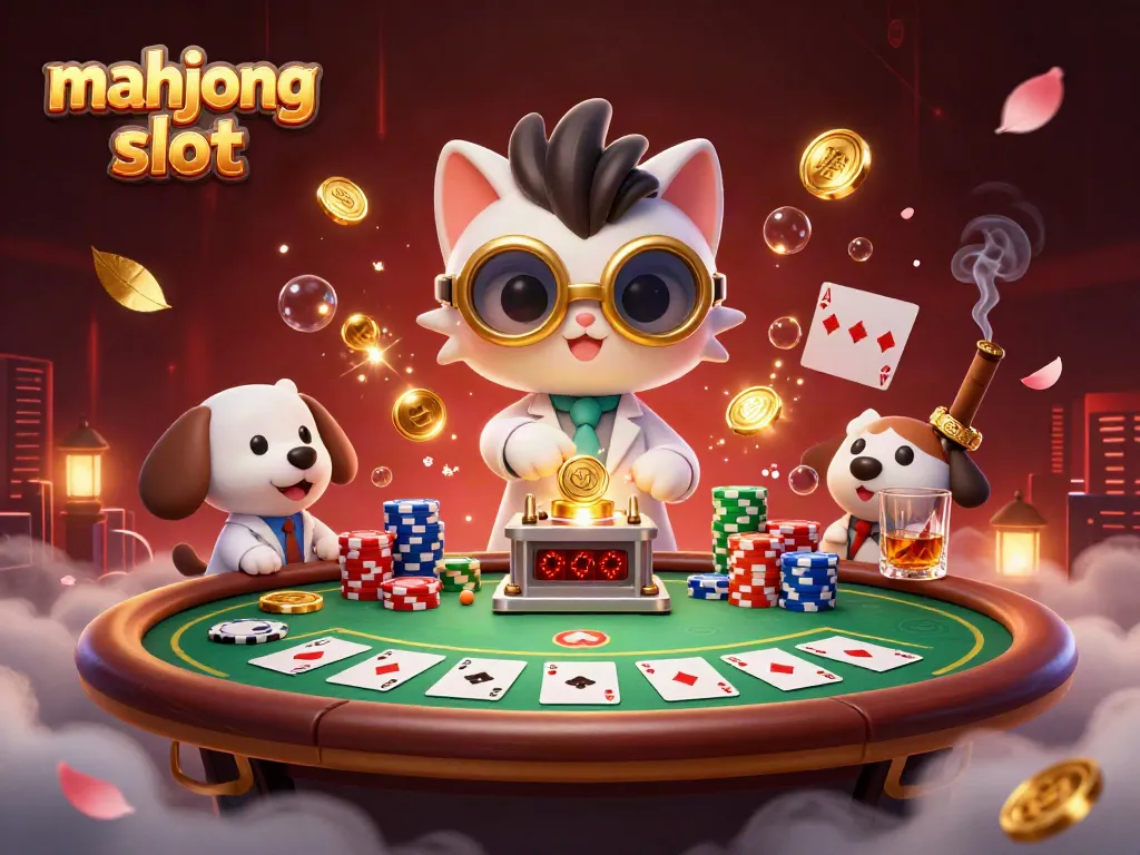 Experience exciting gameplay with mahjong slot-themed characters surrounded by vibrant poker elements.