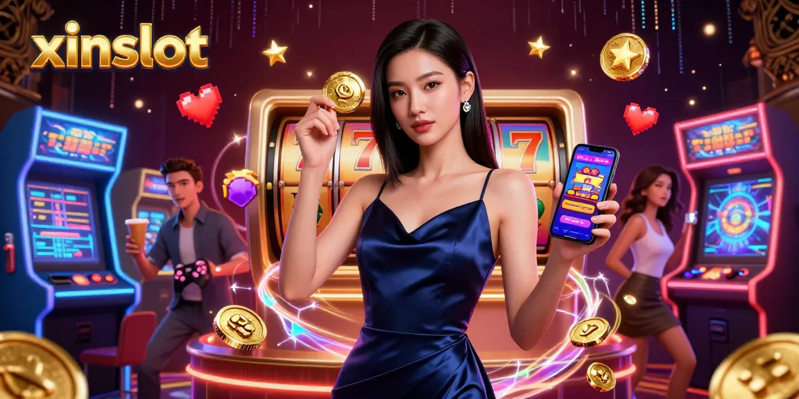 Win big at xinslot with a stunning lady holding a golden chip and casino app