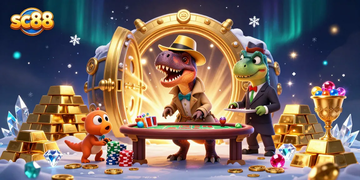 Sc88 card counter velociraptor at a blackjack table surrounded by treasure, evoking excitement in gaming.