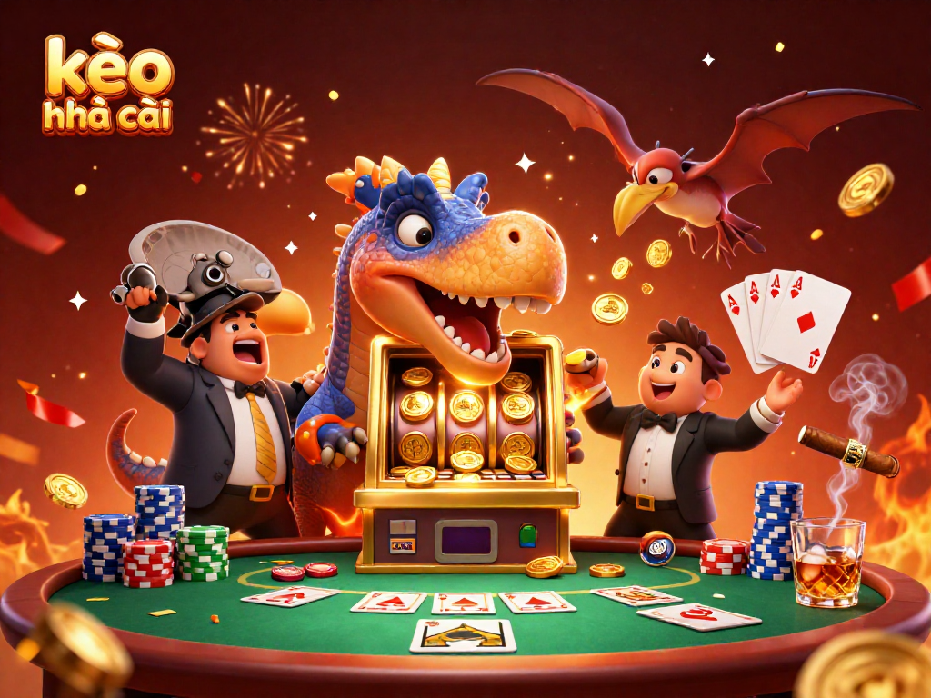 Catch jackpots with kèo nhà cái as the pachycephalosaurus interacts with a golden slot machine.