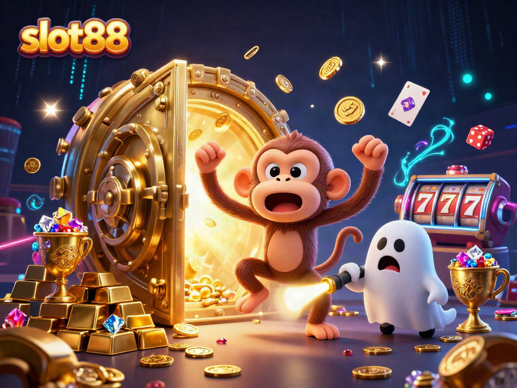 Engage in thrilling slot88 adventures with a playful poltergeist monkey and ghost-hunter puppy.