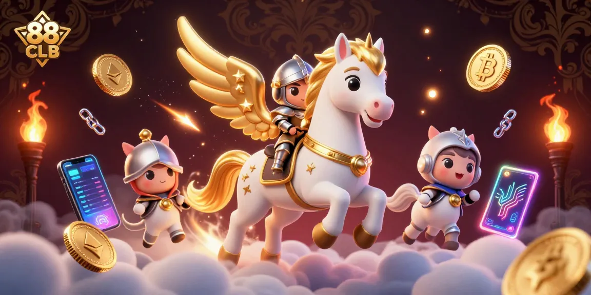 Engage with 88 CLB as a vibrant casino scene unfolds with celestial characters and crypto elements.