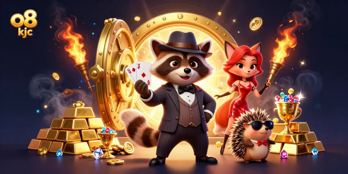Play exciting games at o8 kjc with a suave raccoon and charming fox amidst sparkling riches.