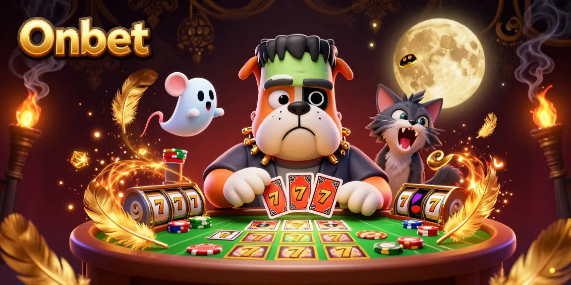 Onbet shines with a thrilling illustration of a Frankenstein bulldog dealer amidst slots, coins, and vibrant action.