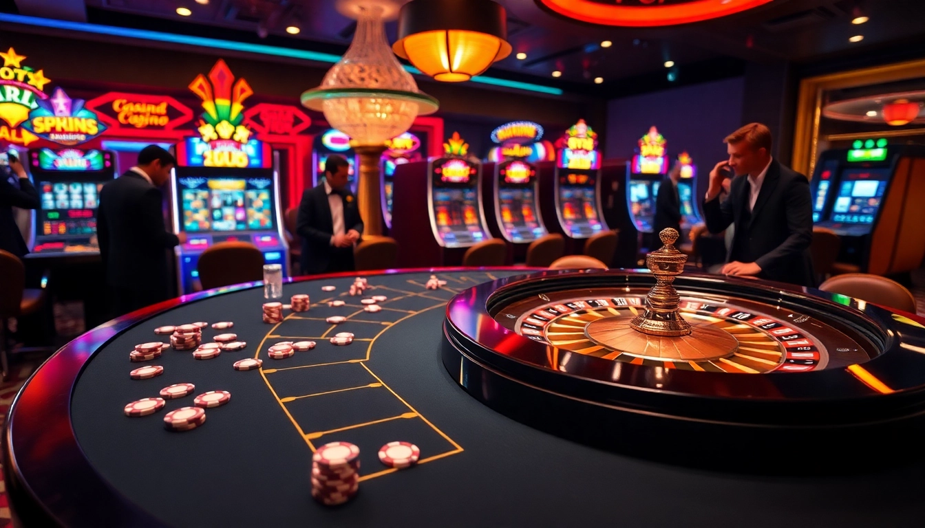 Players enjoying thrilling games at rr88's luxurious casino, featuring a roulette wheel and vibrant slot machines.