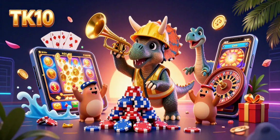 Experience thrilling gameplay with TK10's dynamic casino scene featuring fun characters and vibrant elements.