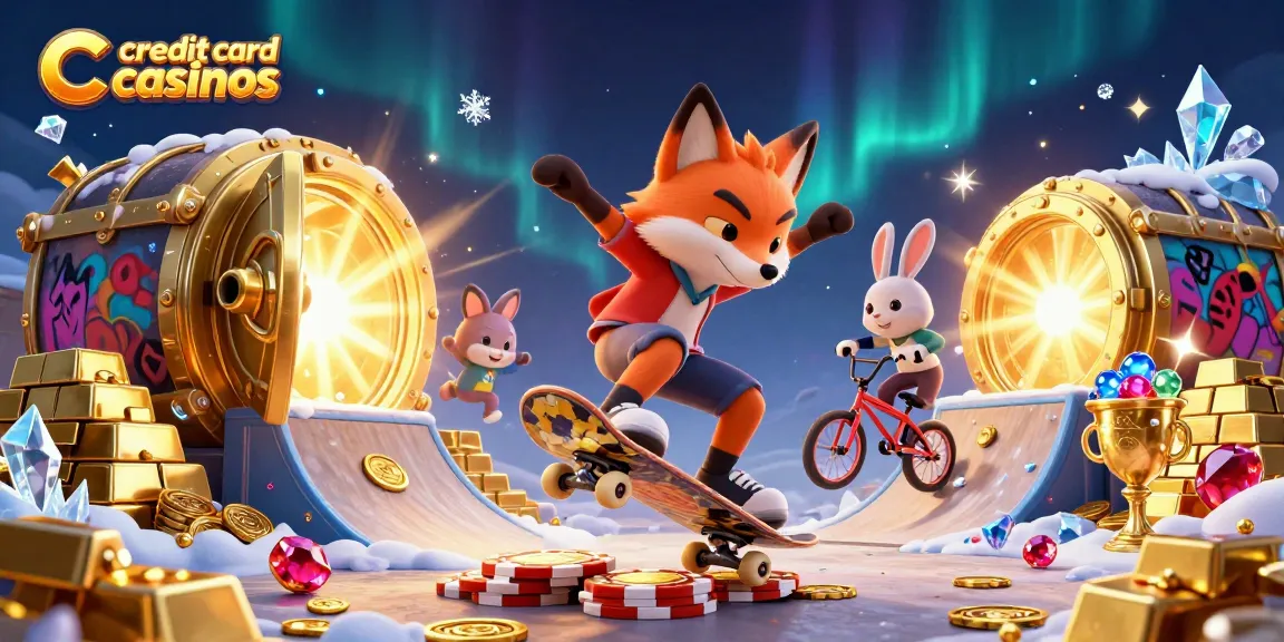 Engage in thrilling credit card casinos experience with a fox and rabbit in a vibrant, dynamic casino setting.