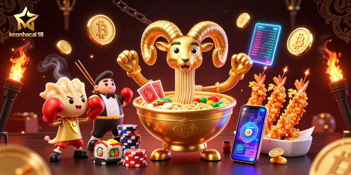Engage with keonhacai 18 as a giant ramen bowl dealer interacts with crypto elements in a lively casino atmosphere.