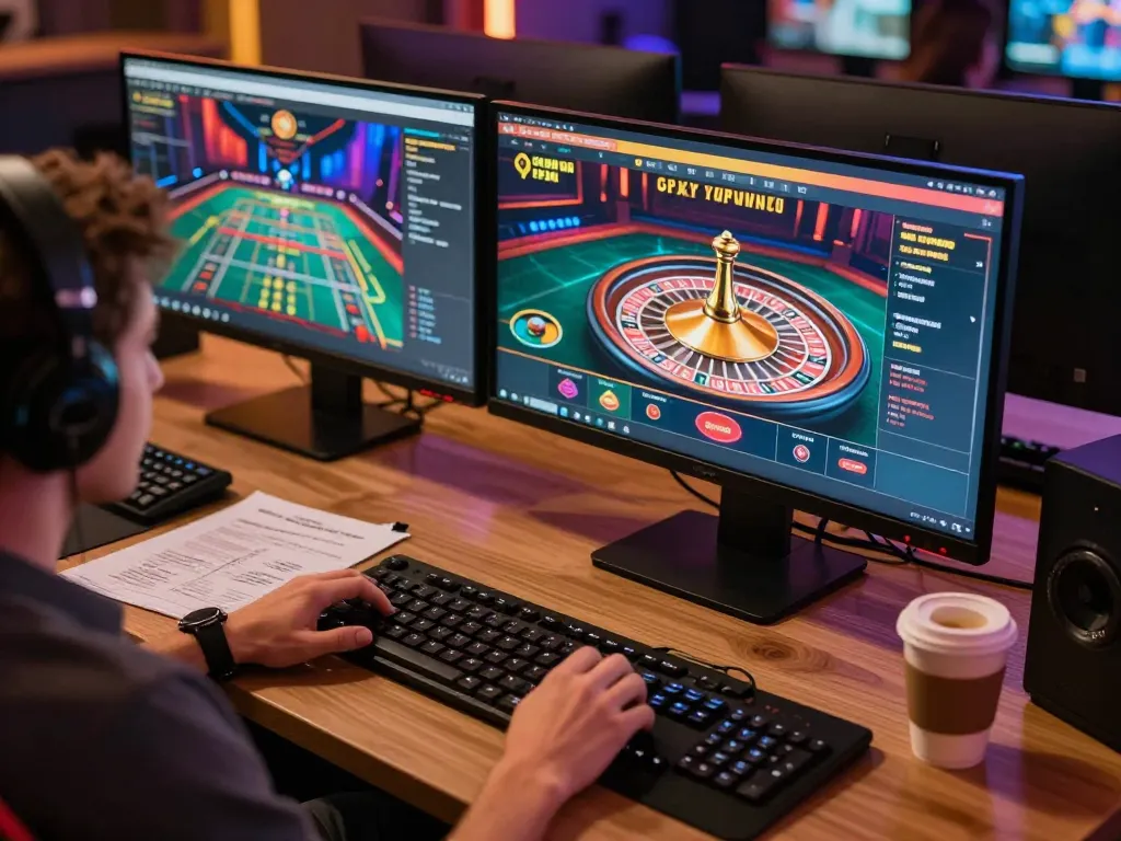 Player engaging in situs gacor online gaming, pressing spin button on roulette interface at stylish home desk.