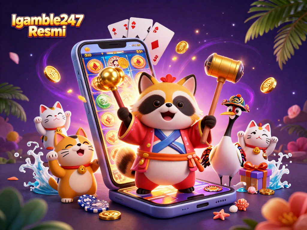 Engage with exciting games at Igamble247 Resmi featuring cheerful tanuki and vibrant casino symbols.