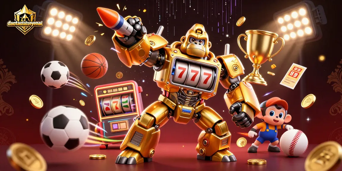 Experience thrilling wins at daotaolaixeyenbai with the golden gorilla mech amid vibrant casino elements.