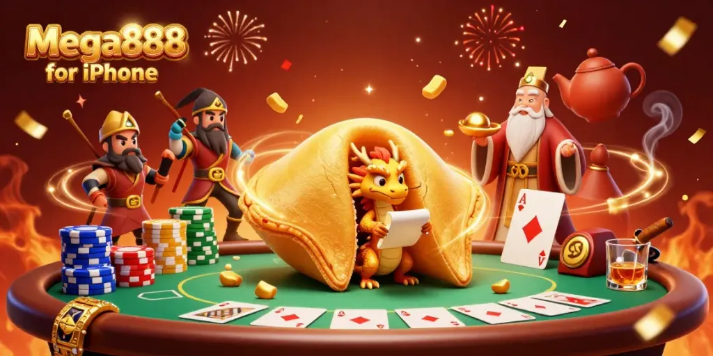 Experience the excitement of Mega888 for iPhone with colorful casino elements and vibrant characters.