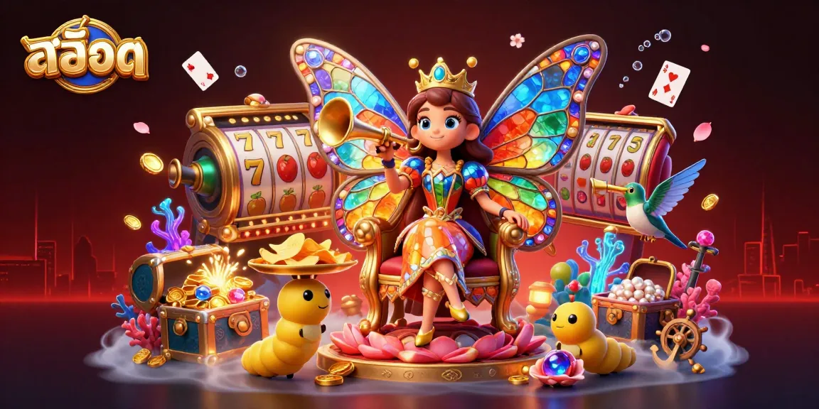 Engage in excitingสล็อต thrills with vibrant casino elements, showcasing a 3D butterfly queen and treasures.