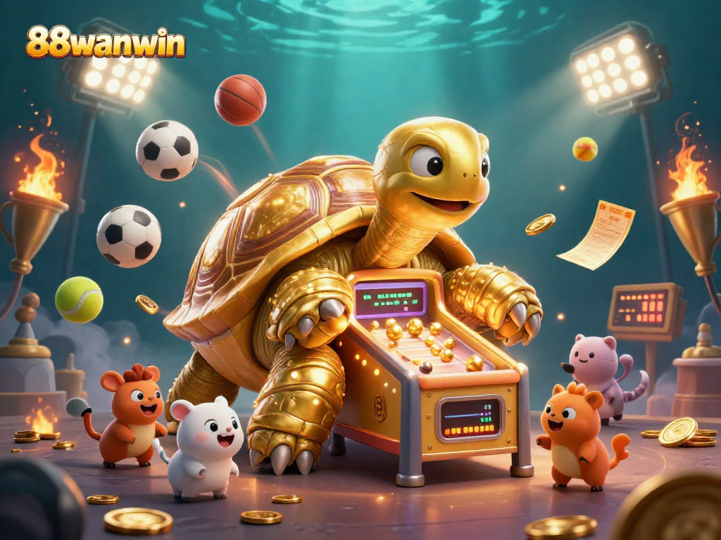 Experience thrilling games at 88wanwin with fun dynamics featuring a colossal golden tortoise and sports elements.