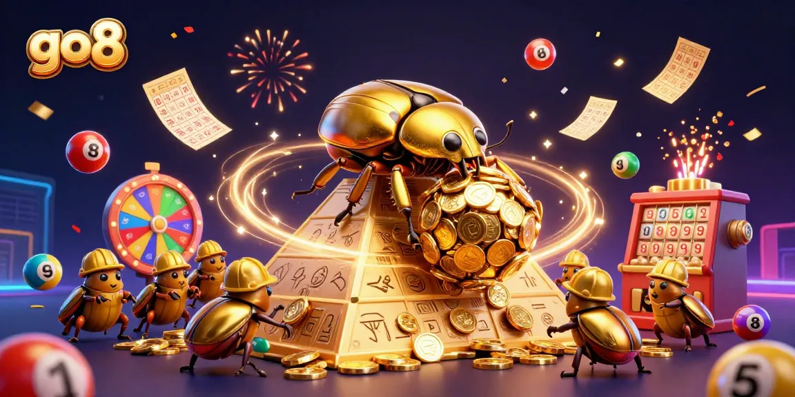 Play and win with go8 in this vibrant 3D casino scene featuring lottery balls and golden prizes.