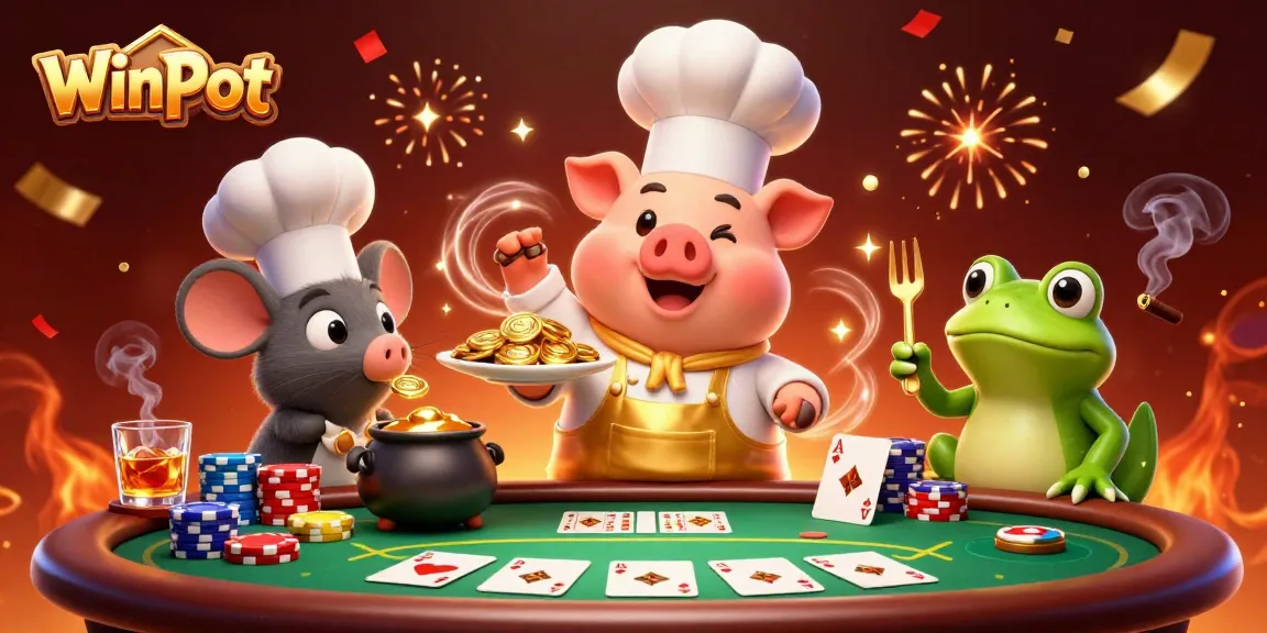 Winpot showcases a festive casino scene with a chef pig serving gold coins among vibrant poker elements.