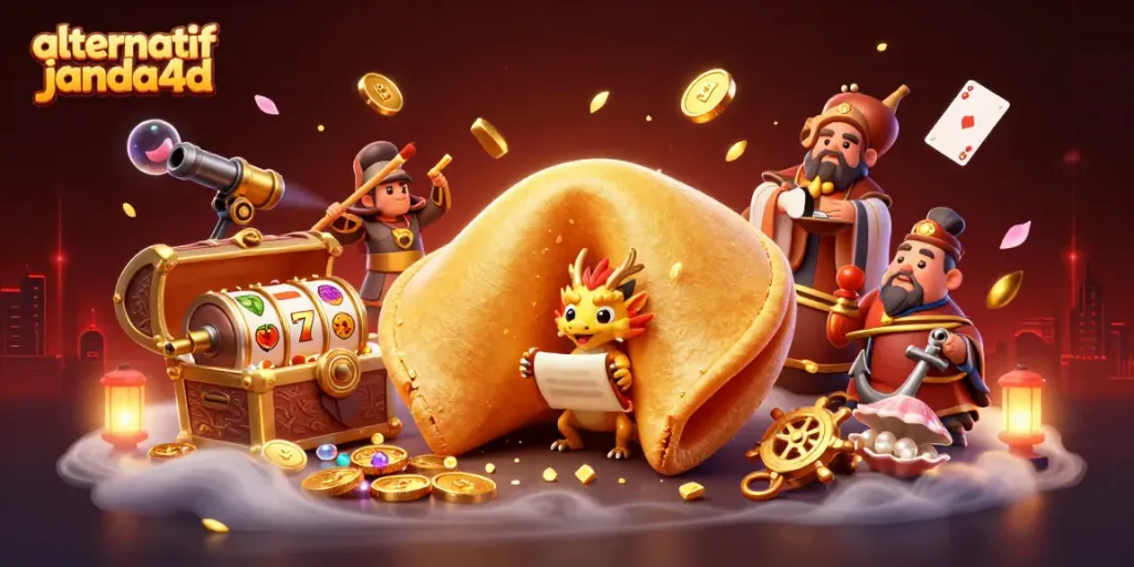 Memperlihatkan ilustrasi 3D alternatif janda4d dengan keberuntungan slot yang dipenuhi elemen perjudian dan karakter menarik.