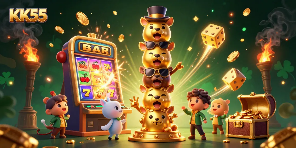 Experience thrilling jackpots and fun gaming adventures with KK55's colorful casino illustration.