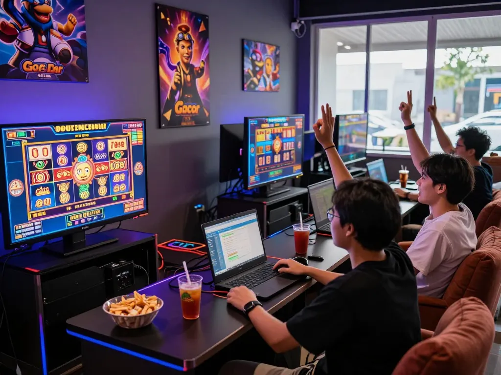 Teman-teman merayakan sambil bermain slot online gacor dalam suasana permainan yang energik.