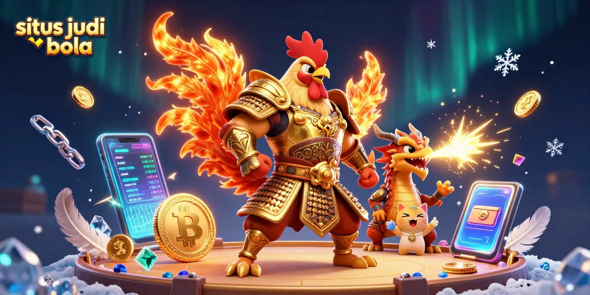 Join the excitement at situs judi bola with dynamic characters in a richly detailed gaming scene showcasing cockfighting and crypto elements.