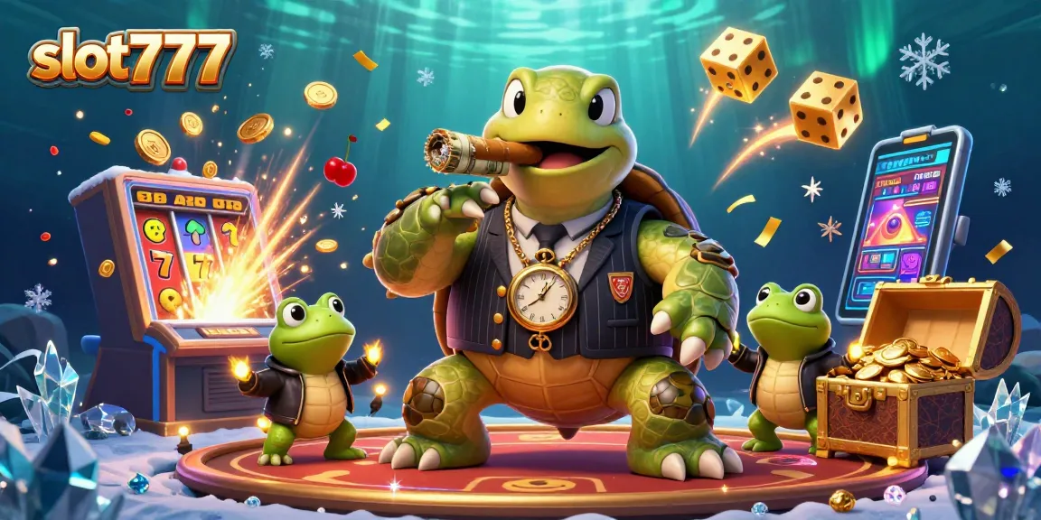 Spin the reels on slot777 surrounded by a dynamic 3D casino scene with vibrant characters and elements.